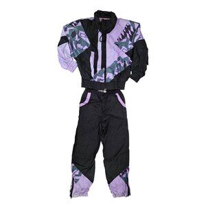 Vintage Tracksuit Jacket Pants 1980s Purple Black Women Size Small Shoulder Pads
